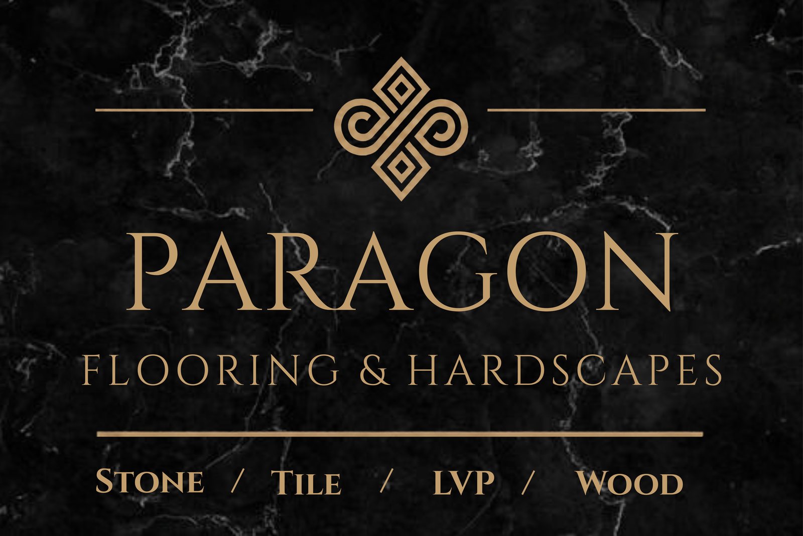 Paragon Flooring & Hardscapes logo in gold on black marble: Stone, Tile, LVP, Wood